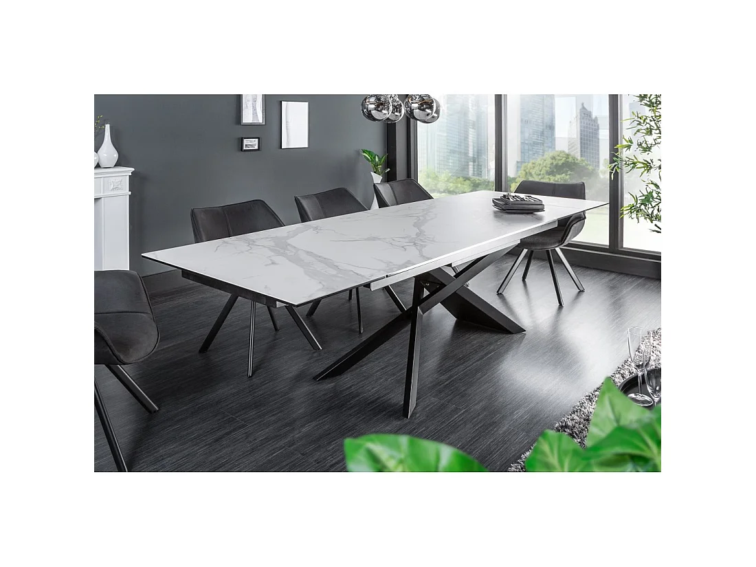 Table STELIX 180–220–260 cm – Piano in ceramica effetto marmo bianco e vetro temperato – Estendibile con gambe in metallo nero