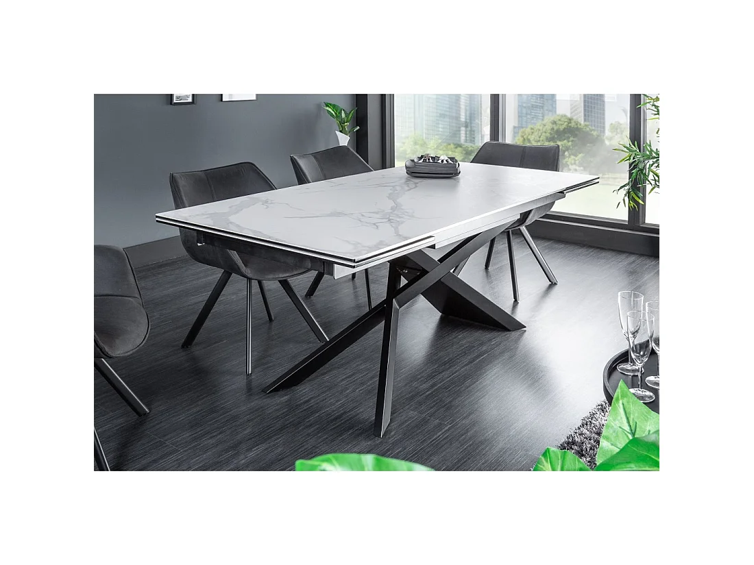 Table STELIX 180–220–260 cm – Piano in ceramica effetto marmo bianco e vetro temperato – Estendibile con gambe in metallo nero