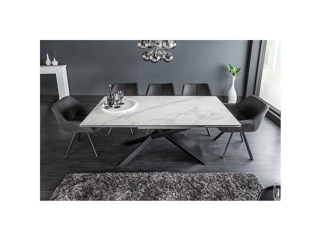 Table STELIX 180–220–260 cm – Piano in ceramica effetto marmo bianco e vetro temperato – Estendibile con gambe in metallo nero