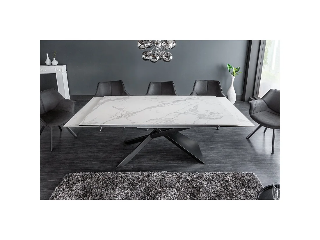 Table STELIX 180–220–260 cm – Piano in ceramica effetto marmo bianco e vetro temperato – Estendibile con gambe in metallo nero