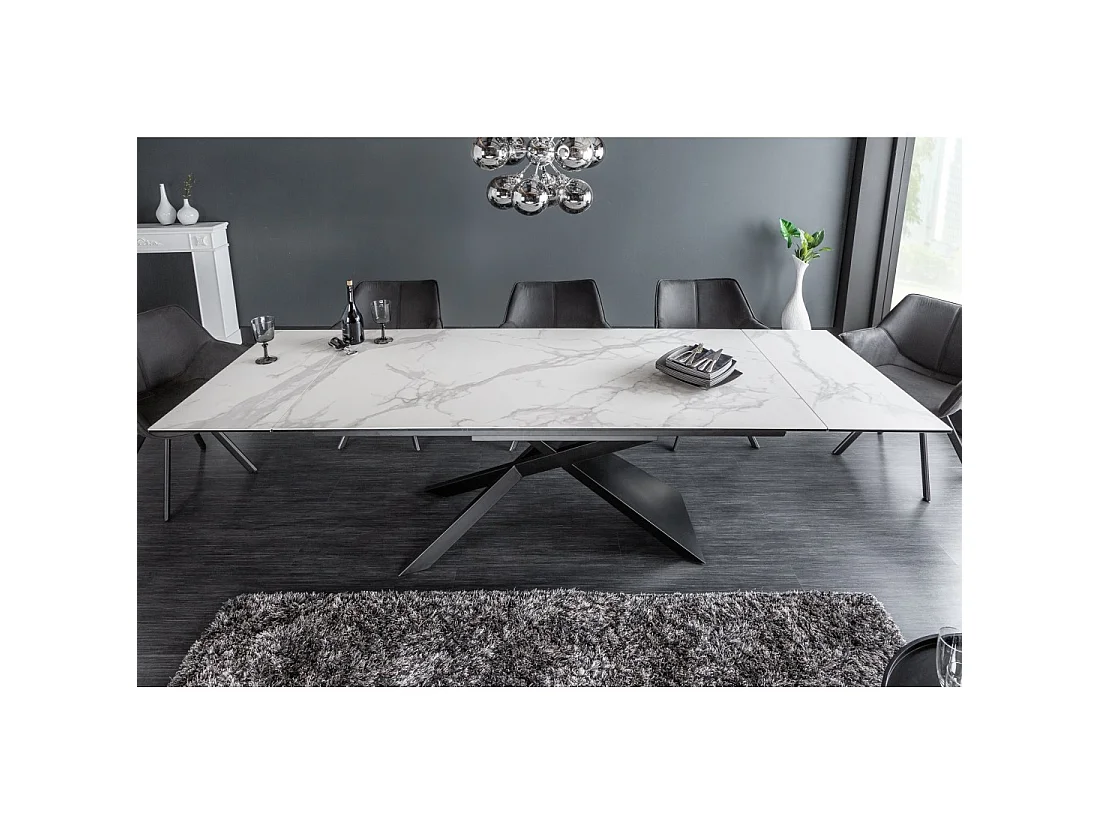 Table STELIX 180–220–260 cm – Piano in ceramica effetto marmo bianco e vetro temperato – Estendibile con gambe in metallo nero