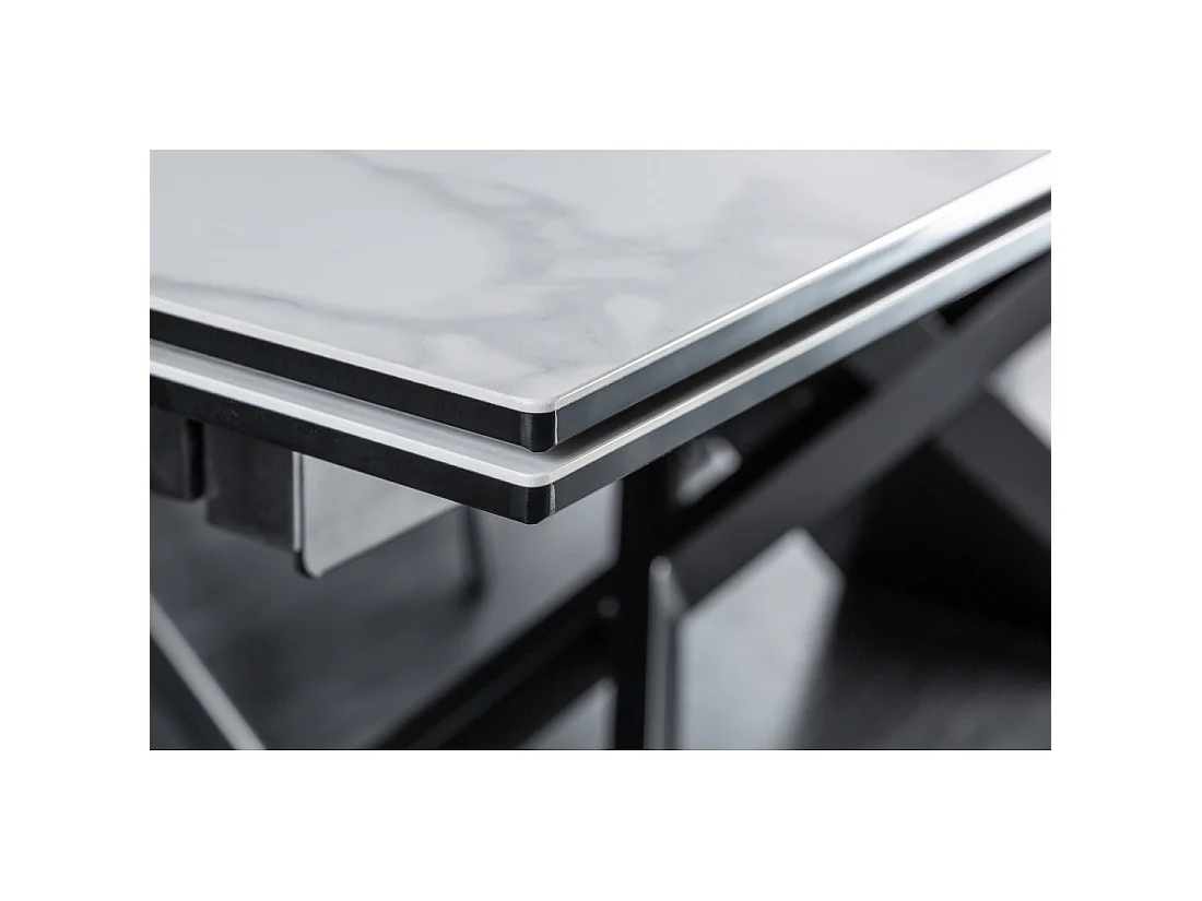 Table STELIX 180–220–260 cm – Piano in ceramica effetto marmo bianco e vetro temperato – Estendibile con gambe in metallo nero