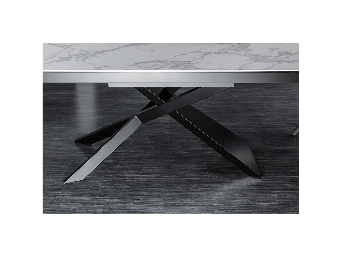 Table STELIX 180–220–260 cm – Piano in ceramica effetto marmo bianco e vetro temperato – Estendibile con gambe in metallo nero