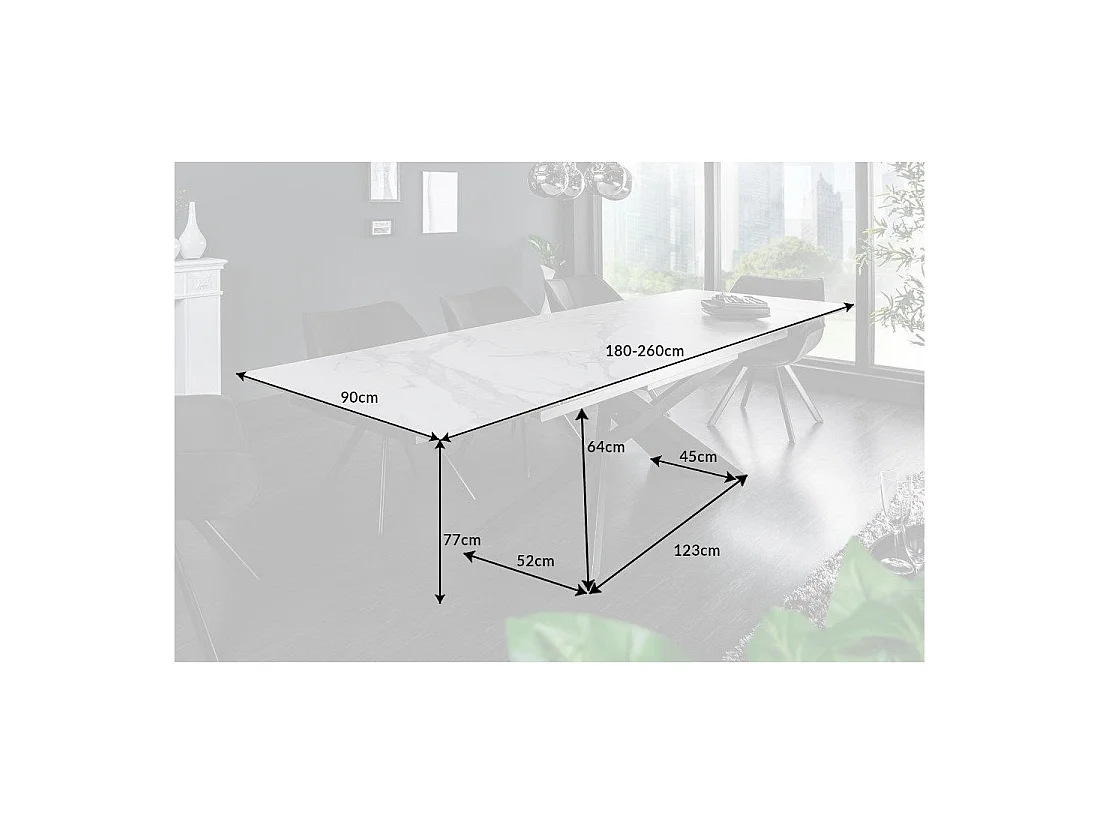 Table STELIX 180–220–260 cm – Plateau en céramique effet marbre blanc et verre trempé – Extensible avec pieds en métal noir