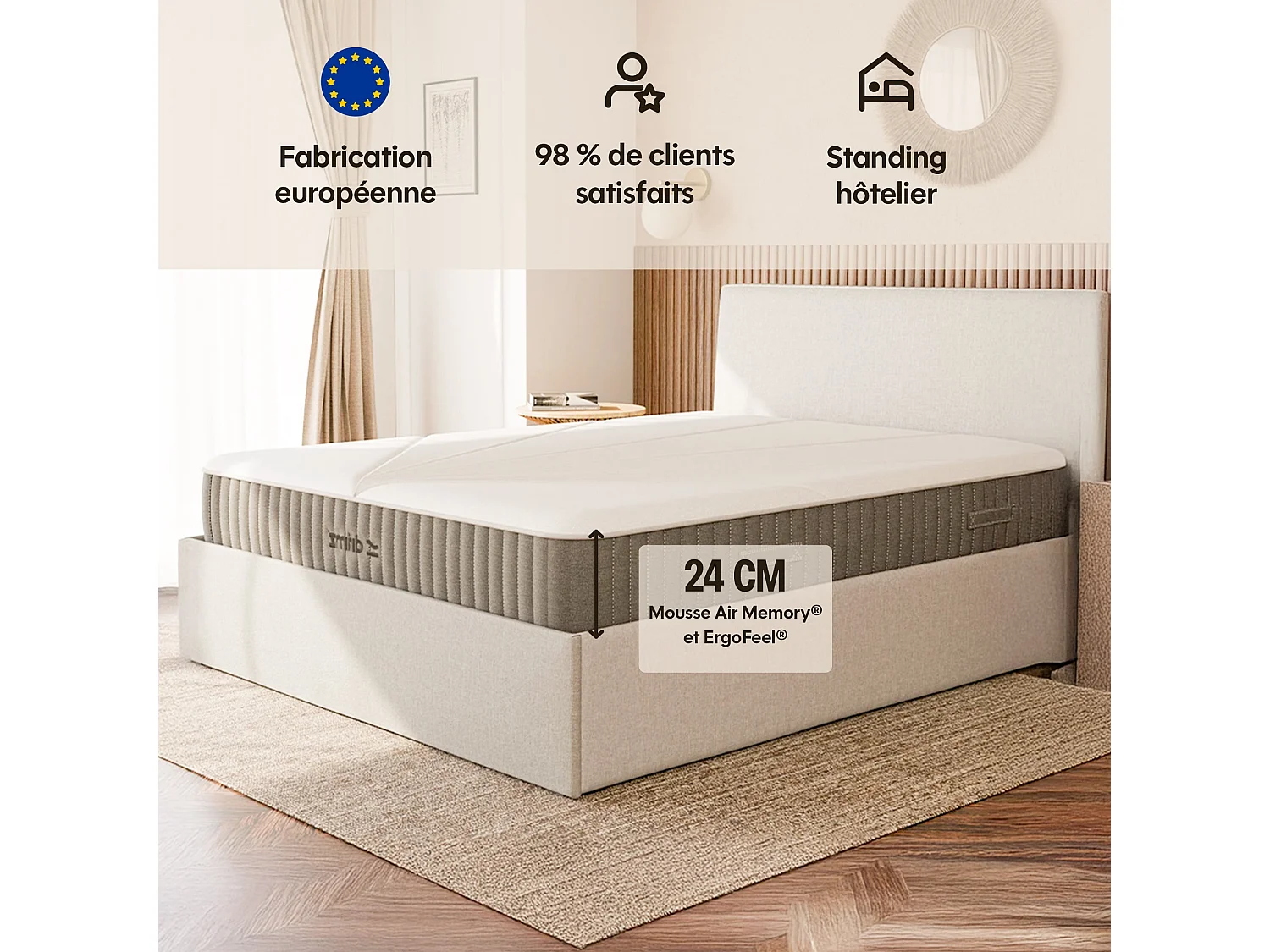 Matelas ressorts hybride mémoire de forme 90x190 épais 24cm
