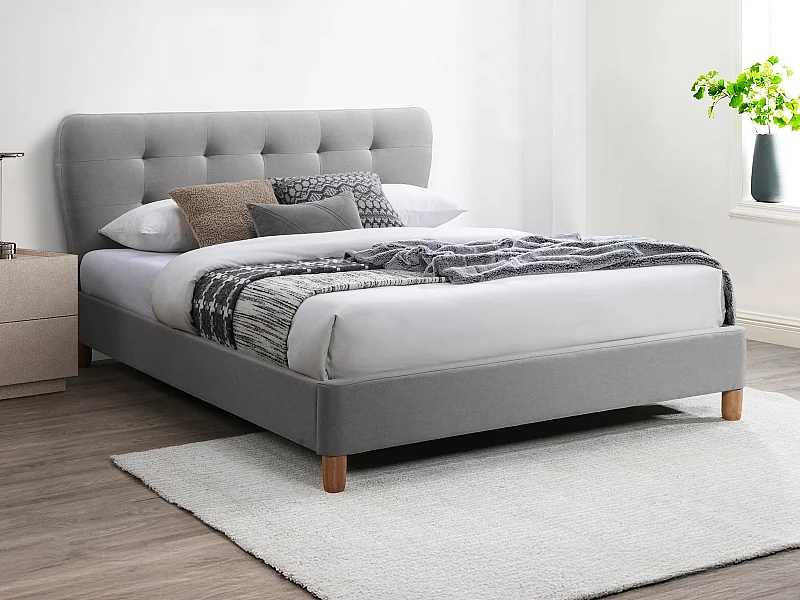 Lit 160 x 200 cm avec tête de lit capitonnée - Tissu - Gris clair + Matelas - ELIDE