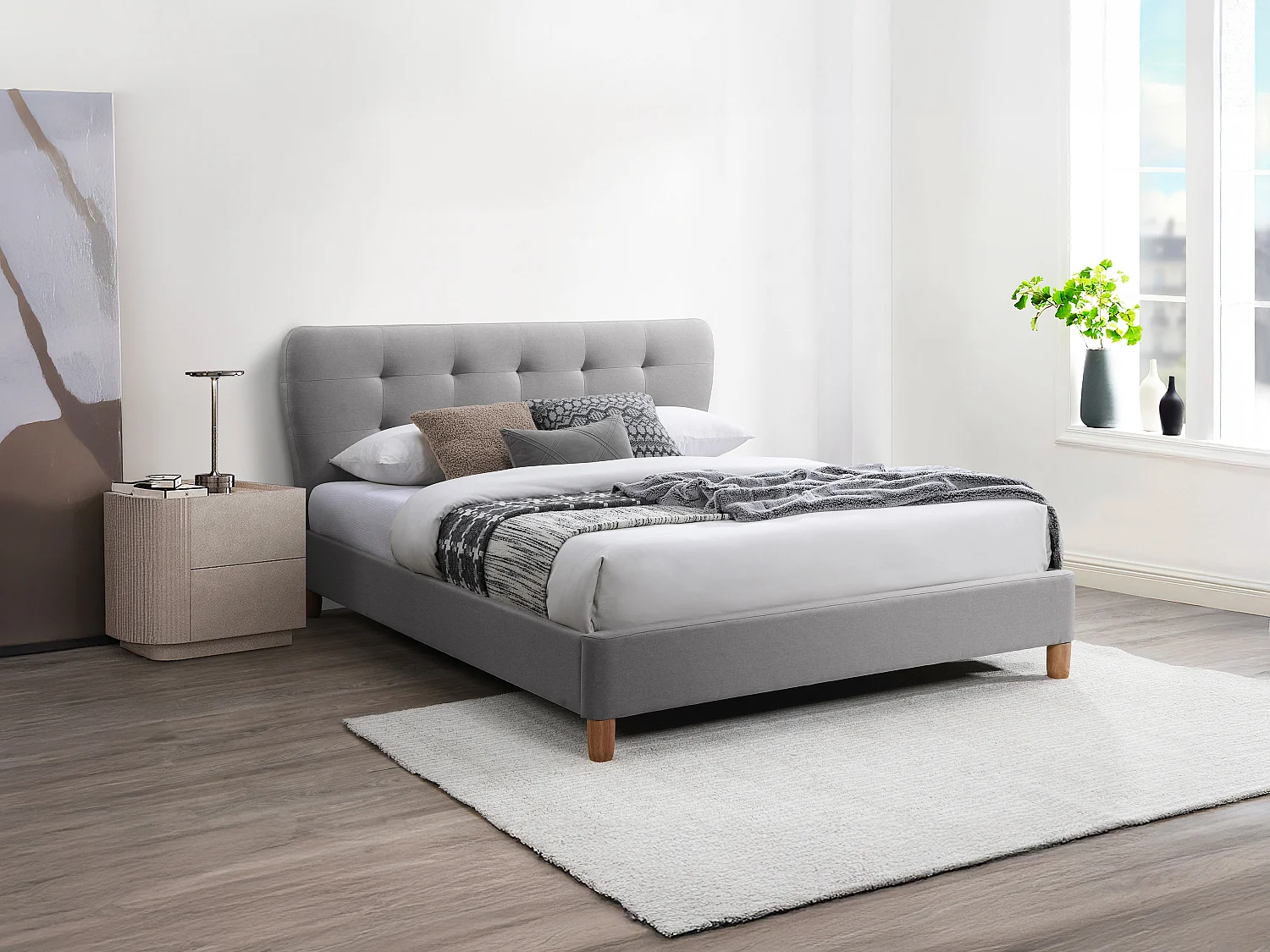 Lit 160 x 200 cm avec tête de lit capitonnée - Tissu - Gris clair + Matelas - ELIDE