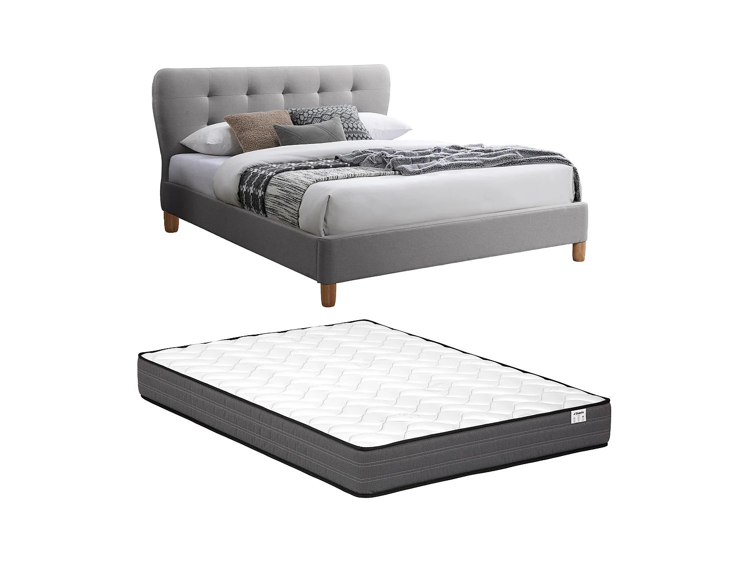 Lit 160 x 200 cm avec tête de lit capitonnée - Tissu - Gris clair + Matelas - ELIDE