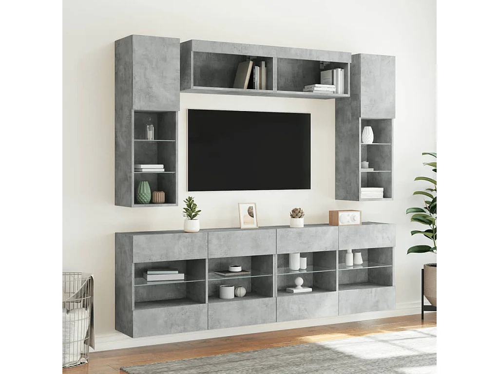 6-delige Tv-wandmeubelset met LED-verlichting betongrijs