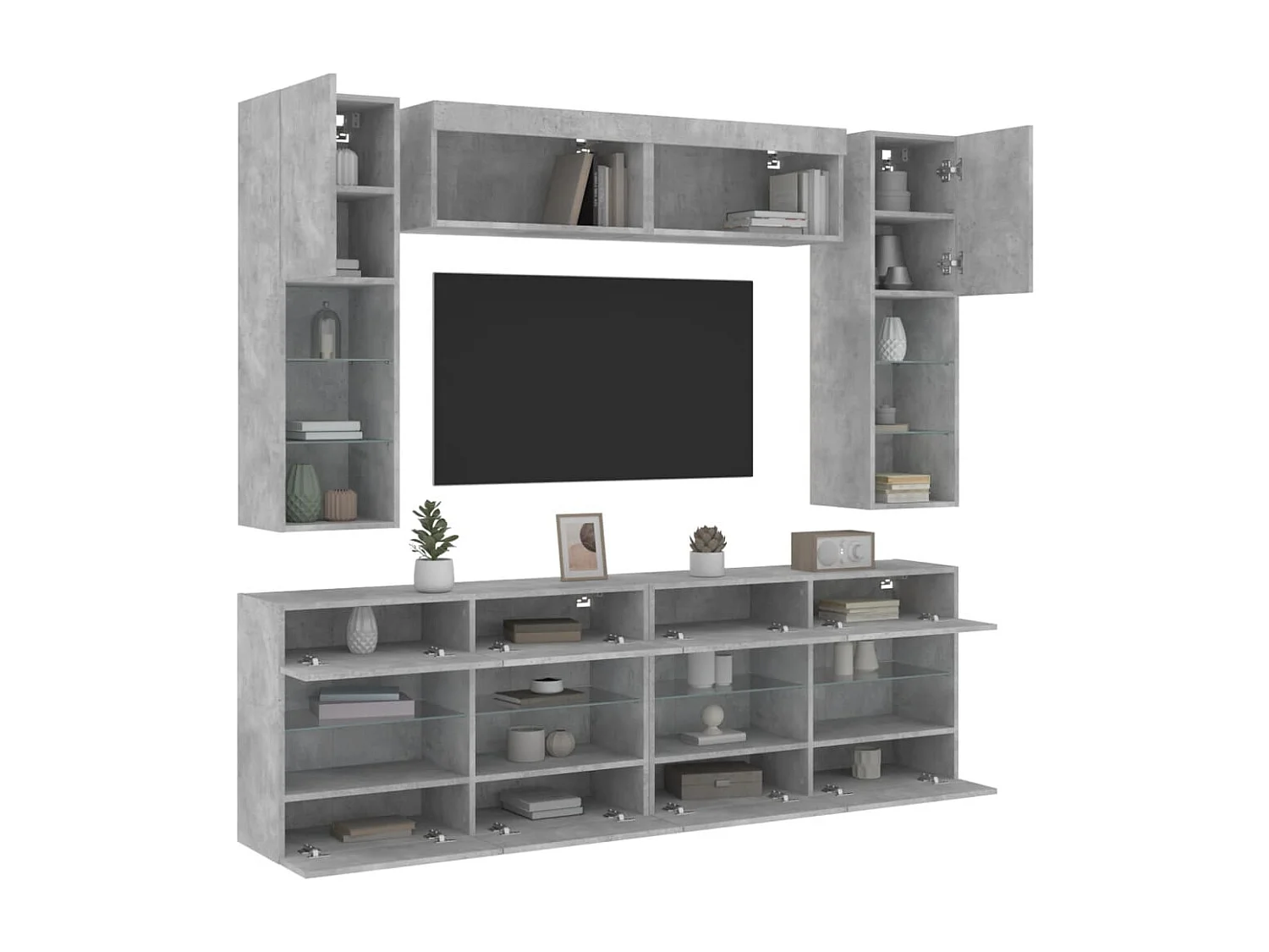 6-delige Tv-wandmeubelset met LED-verlichting betongrijs