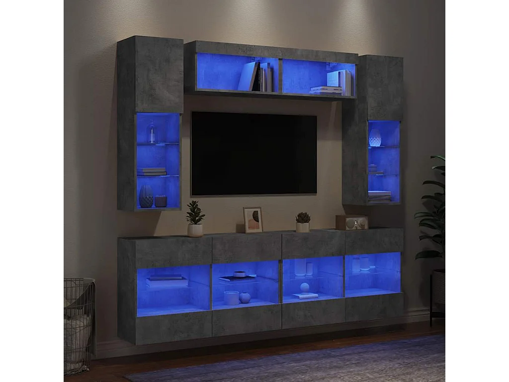 Set Mobili TV a Muro 6 pz con Luci LED Grigio Cemento