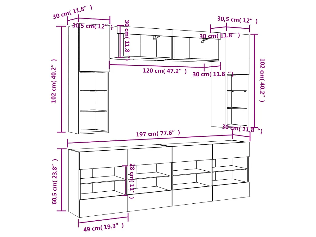 Set Mobili TV a Muro 6 pz con Luci LED Grigio Cemento