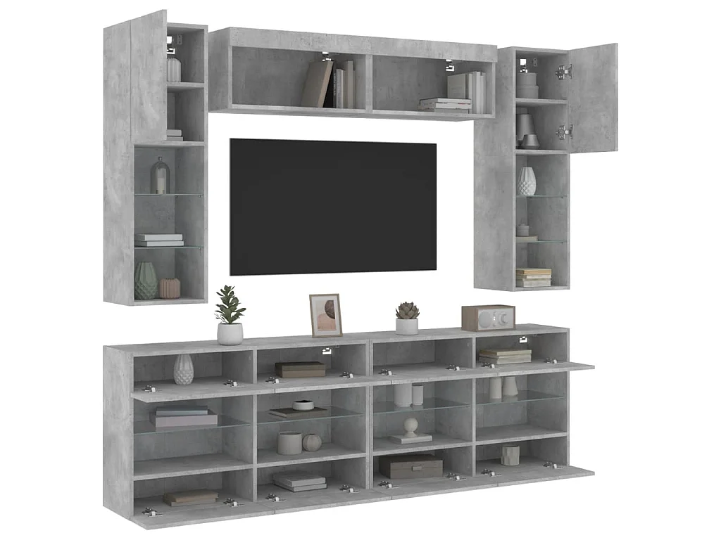 Set Mobili TV a Muro 6 pz con Luci LED Grigio Cemento