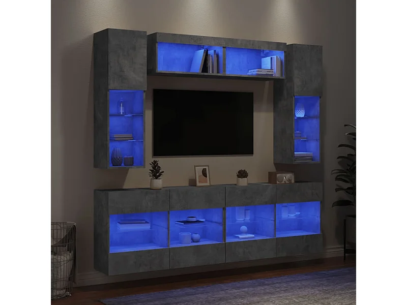 Set Mobili TV a Muro 6 pz con Luci LED Grigio Cemento