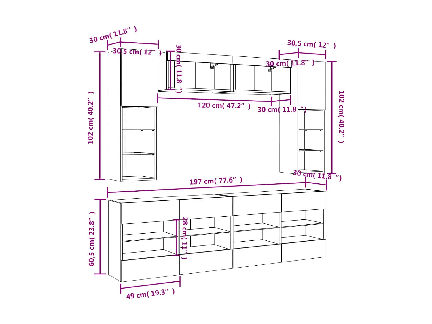 Ensemble de meubles TV muraux 6pcs et lumières LED sonoma gris
