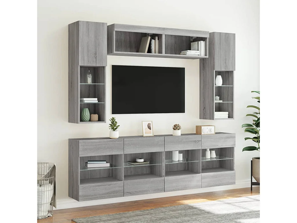 Ensemble de meubles TV muraux 6pcs et lumières LED sonoma gris