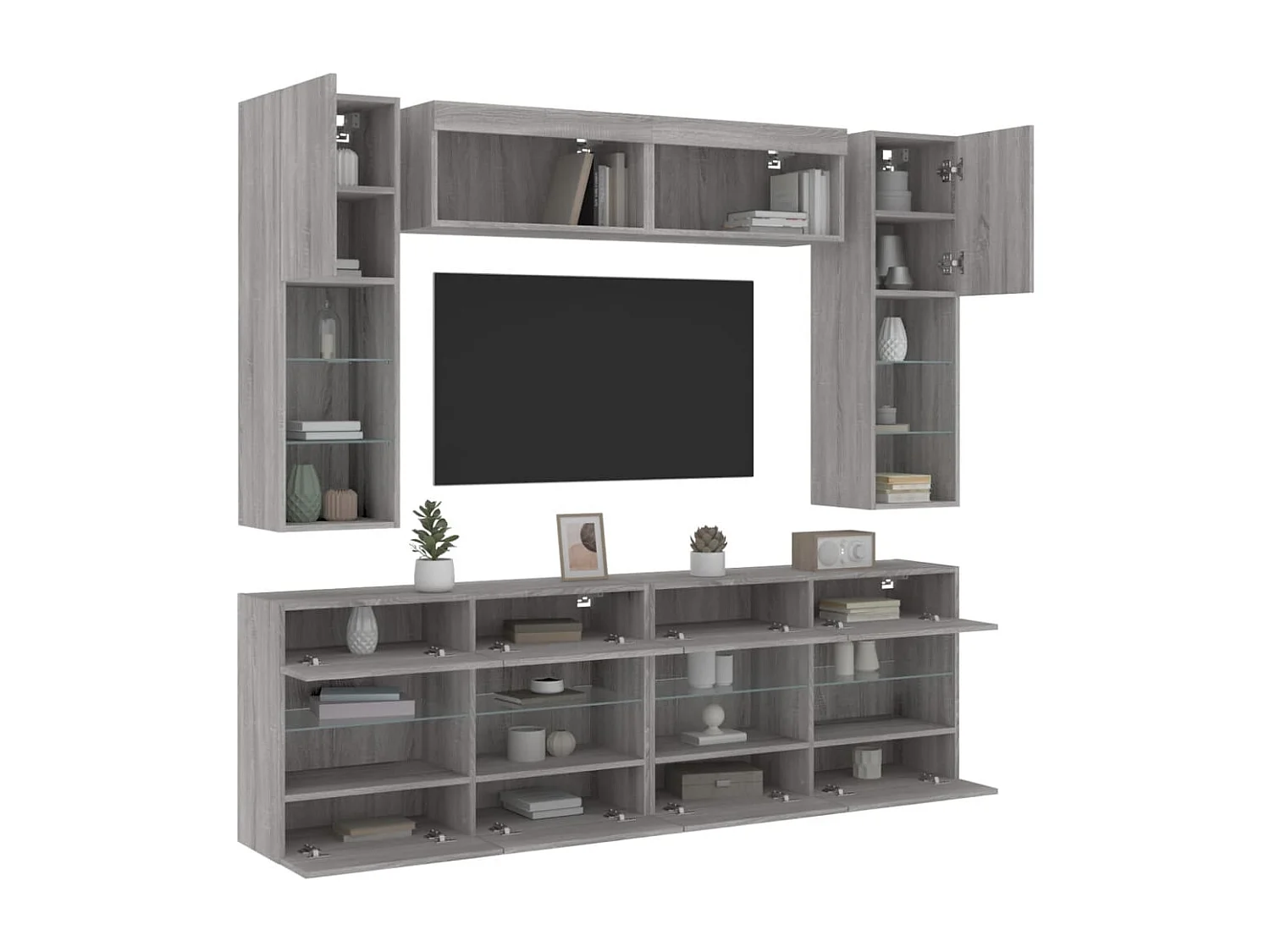 Ensemble de meubles TV muraux 6pcs et lumières LED sonoma gris