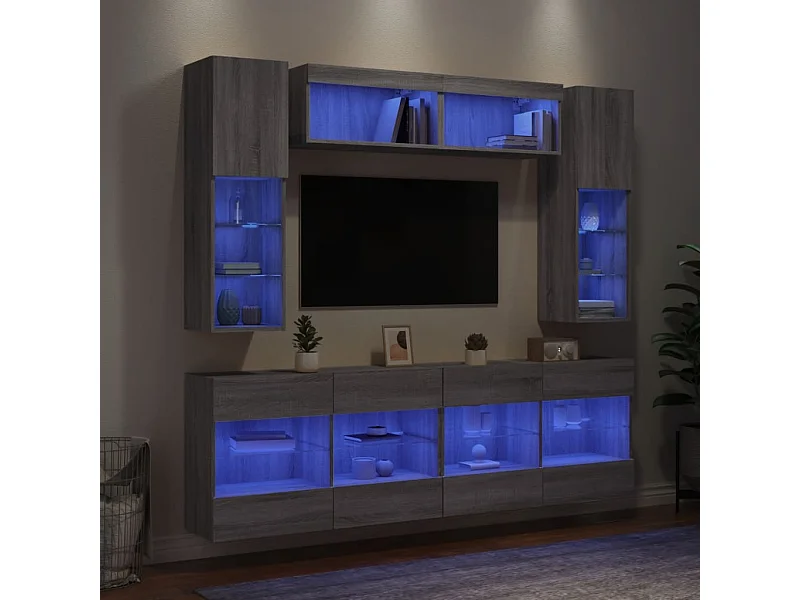Muebles de TV de pared con luces LED 6 piezas gris sonoma