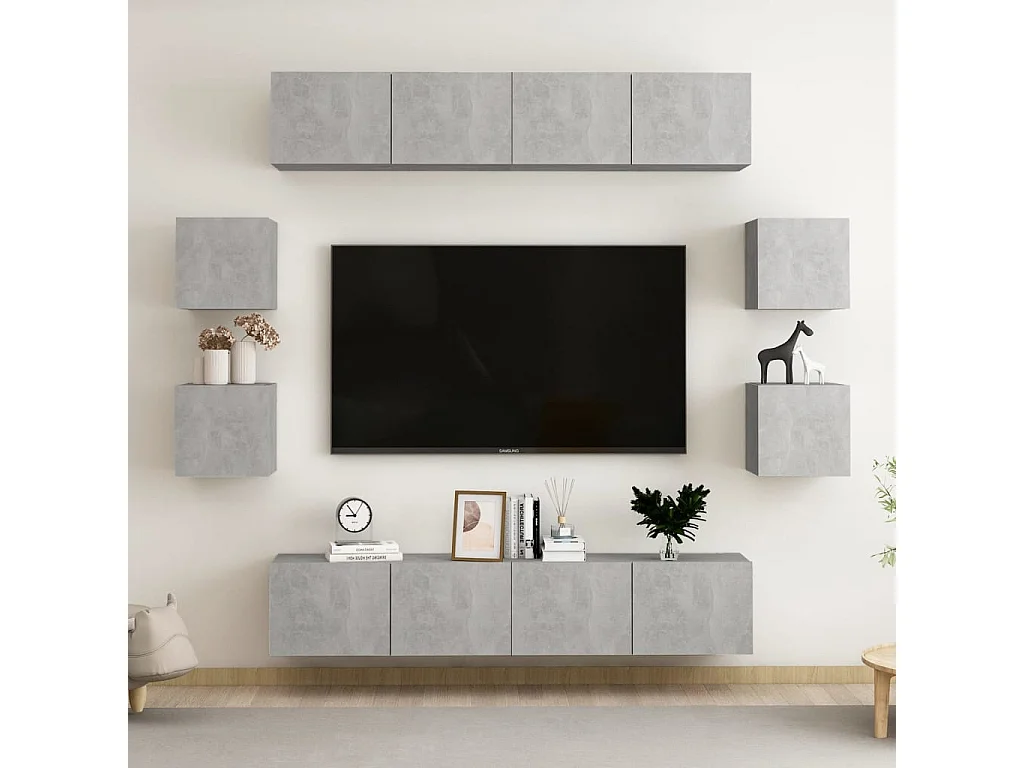 8 pcs conjunto de móveis de TV contraplacado cinzento cimento