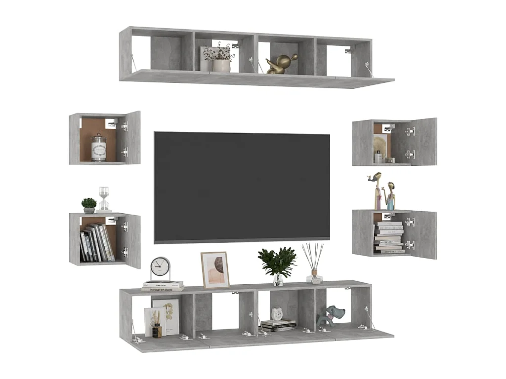 8 pcs conjunto de móveis de TV contraplacado cinzento cimento