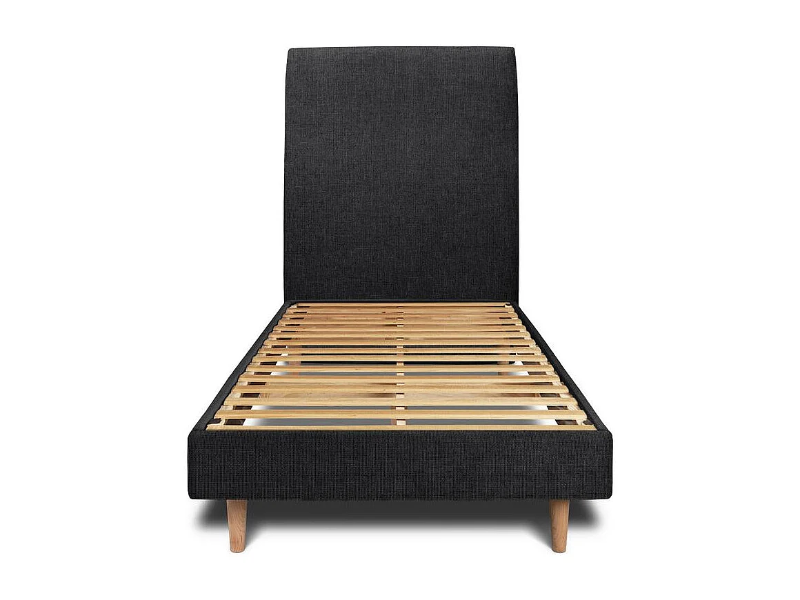 Lit 90x190cm avec tête de lit tapissier tissu et sommier kit Noir - Hauteur totale : 29cm