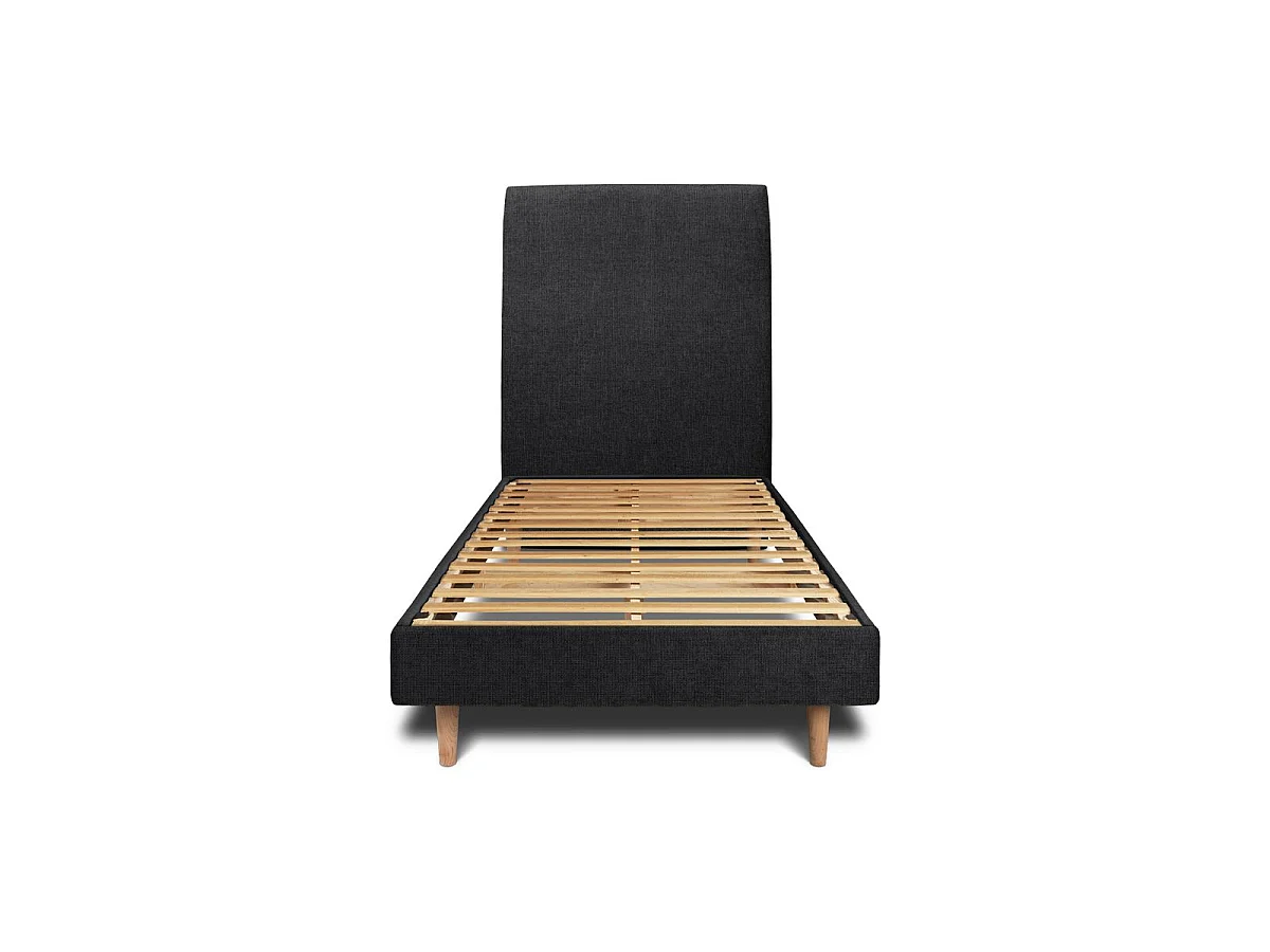 Lit 90x190cm avec tête de lit tapissier tissu et sommier kit Noir - Hauteur totale : 29cm
