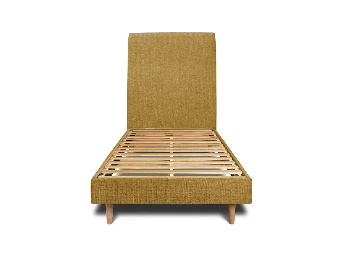 Lit 90x190cm avec tête de lit tapissier tissu et sommier kit jaune - Hauteur totale : 29cm