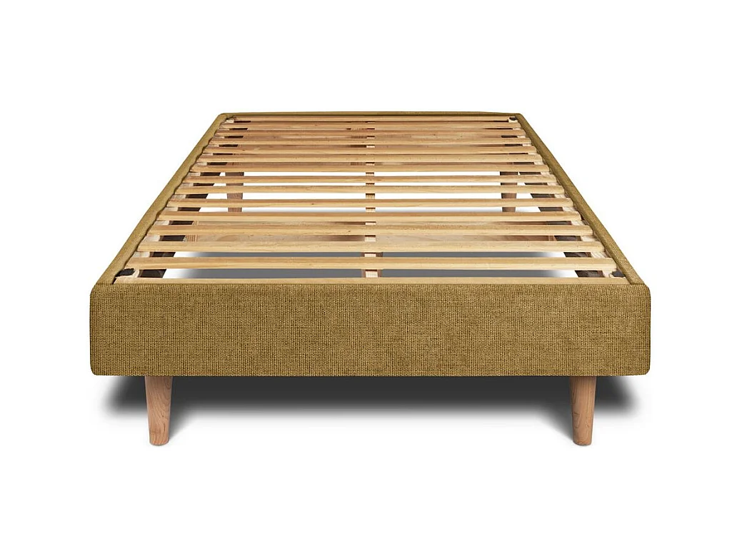 Lit 90x190cm avec tête de lit tapissier tissu et sommier kit jaune - Hauteur totale : 29cm