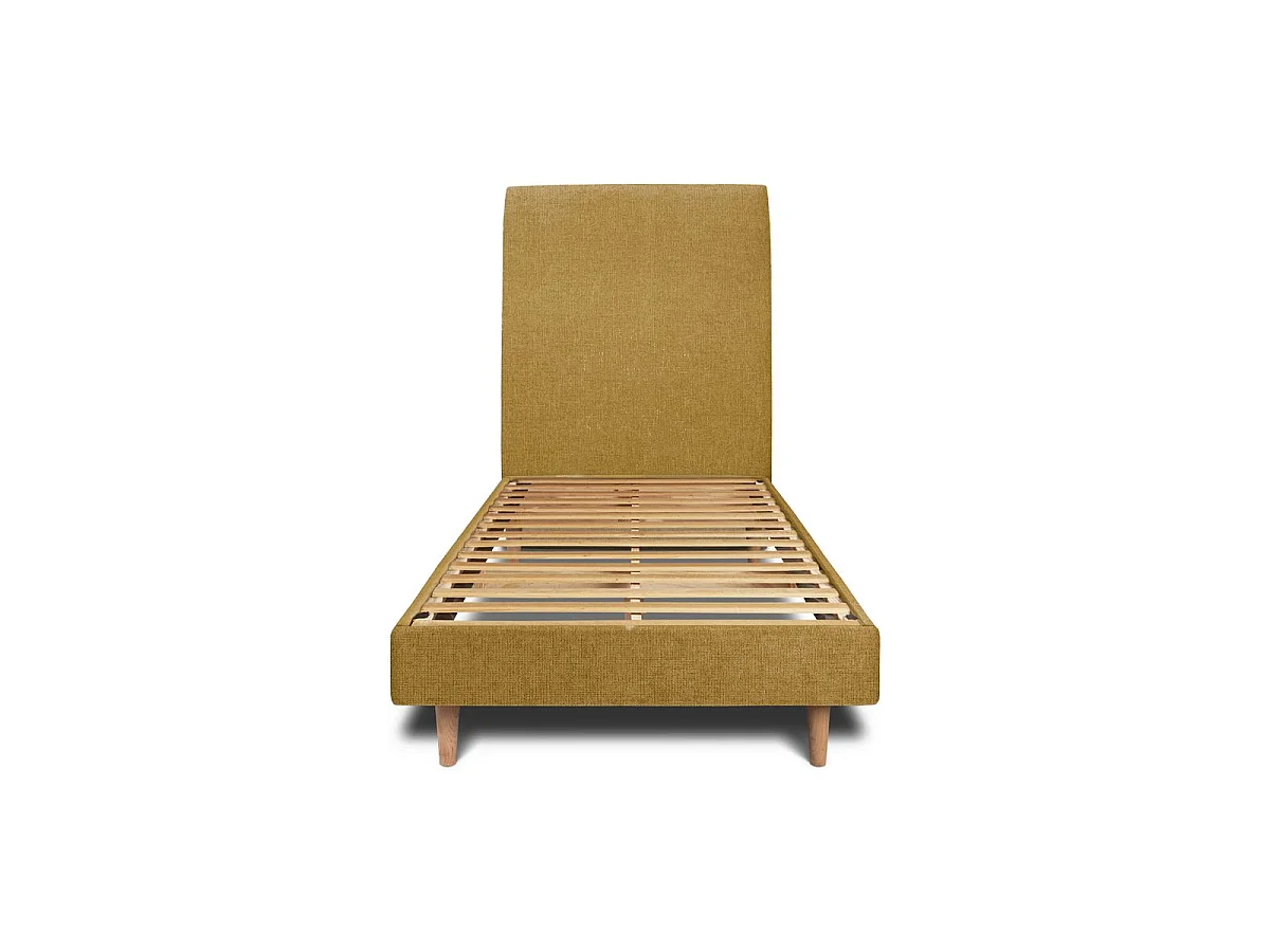 Lit 90x190cm avec tête de lit tapissier tissu et sommier kit jaune - Hauteur totale : 29cm