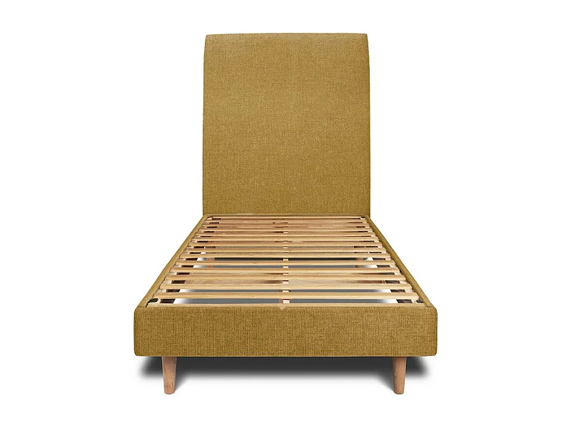 Lit 90x190cm avec tête de lit tapissier tissu et sommier kit jaune - Hauteur totale : 29cm