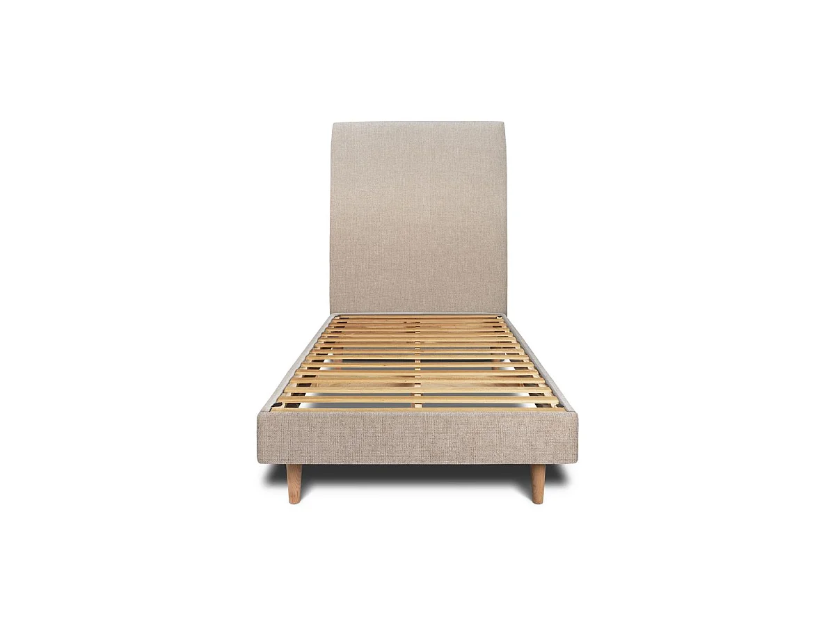 Lit 90x190cm avec tête de lit tapissier tissu et sommier kit beige brun - Hauteur totale : 29cm