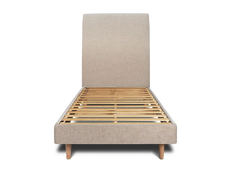 Lit 90x190cm avec tête de lit tapissier tissu et sommier kit beige brun - Hauteur totale : 29cm