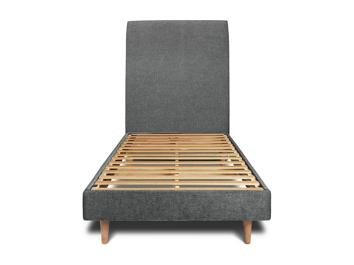 Lit 90x190cm avec tête de lit tapissier tissu et sommier kit gris anthracite - Hauteur totale : 29cm