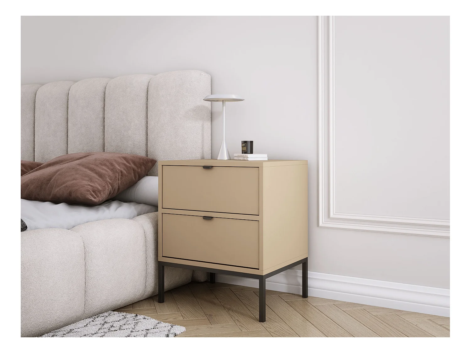 Mesa de cabeceira com duas gavetas e estrutura, puxadordourado, cor Cappuccino, 50 x 40 x 58 cm