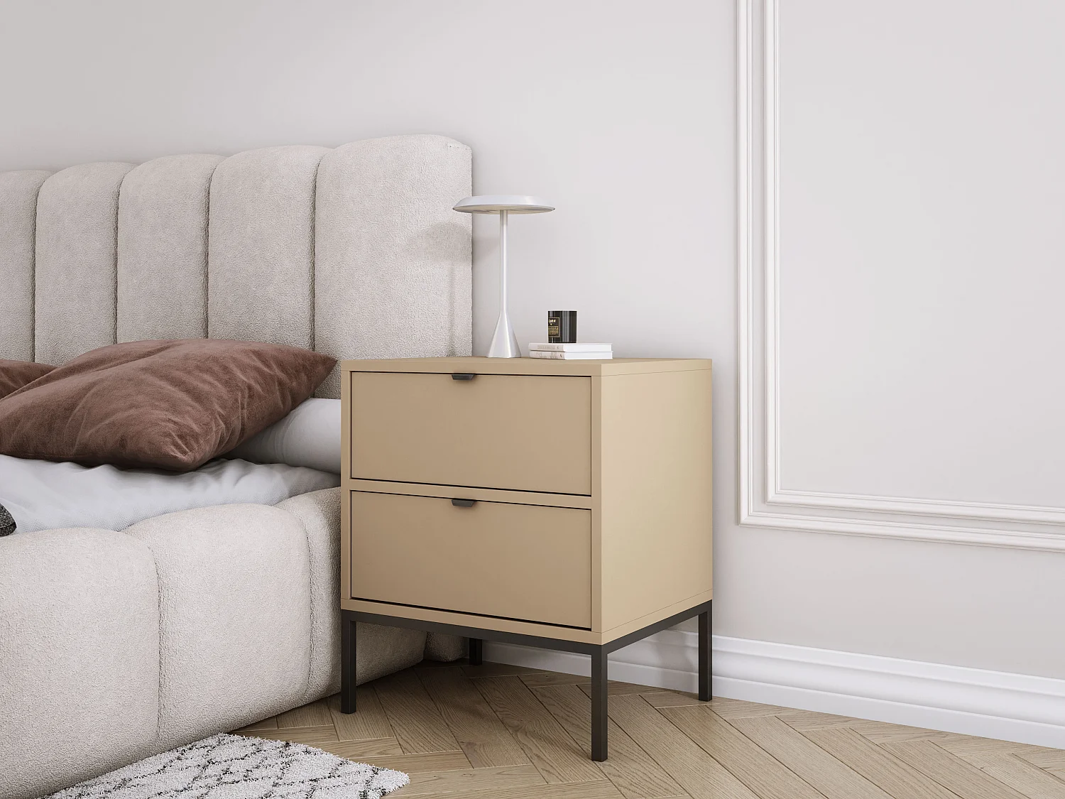 Table de chevet avec deux tiroirs et cadre, poignée dorée, Cappuccino, 50 x 40 x 58 cm