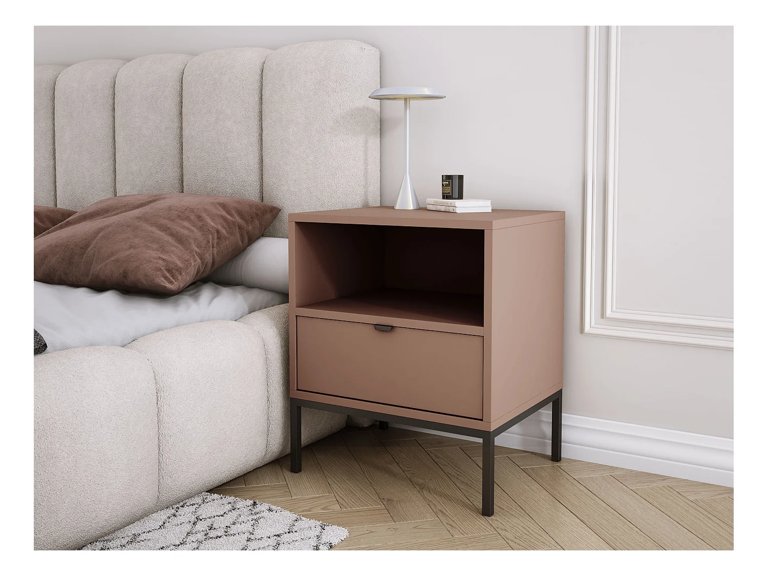 Comodino con cassetto e struttura, maniglia oro, colore CAJUN, 50 x 40 x 58 cm