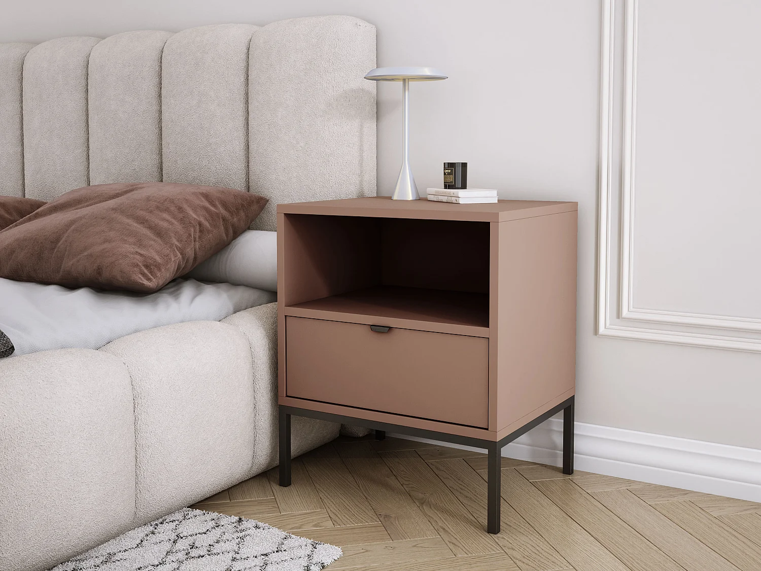 Comodino con cassetto e struttura, maniglia oro, colore CAJUN, 50 x 40 x 58 cm