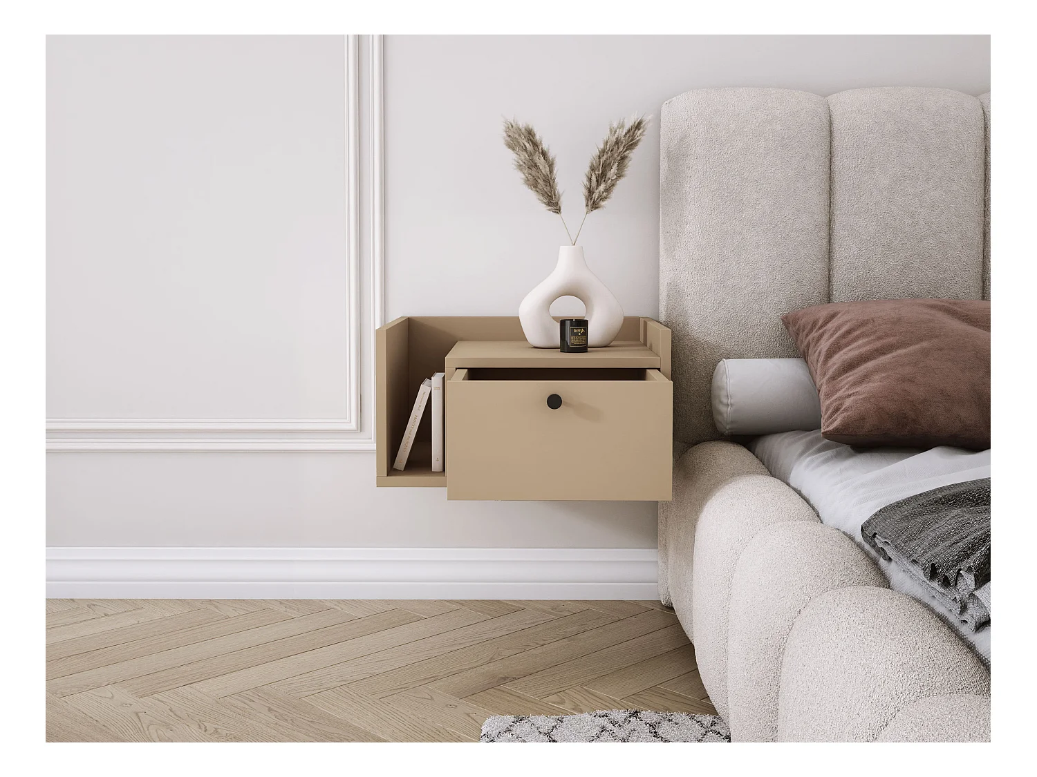 Table de chevet avec tiroir et poignée dorée, Cappuccino, 50 x 35 x 27 cm, côté droit