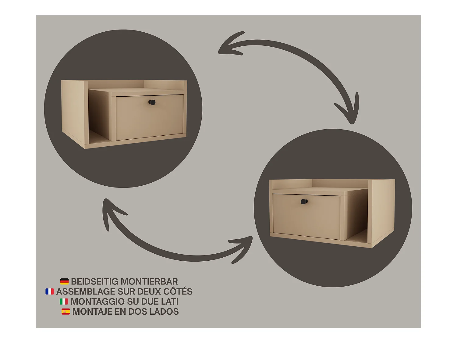 Table de chevet avec tiroir et poignée dorée, Cappuccino, 50 x 35 x 27 cm, côté droit