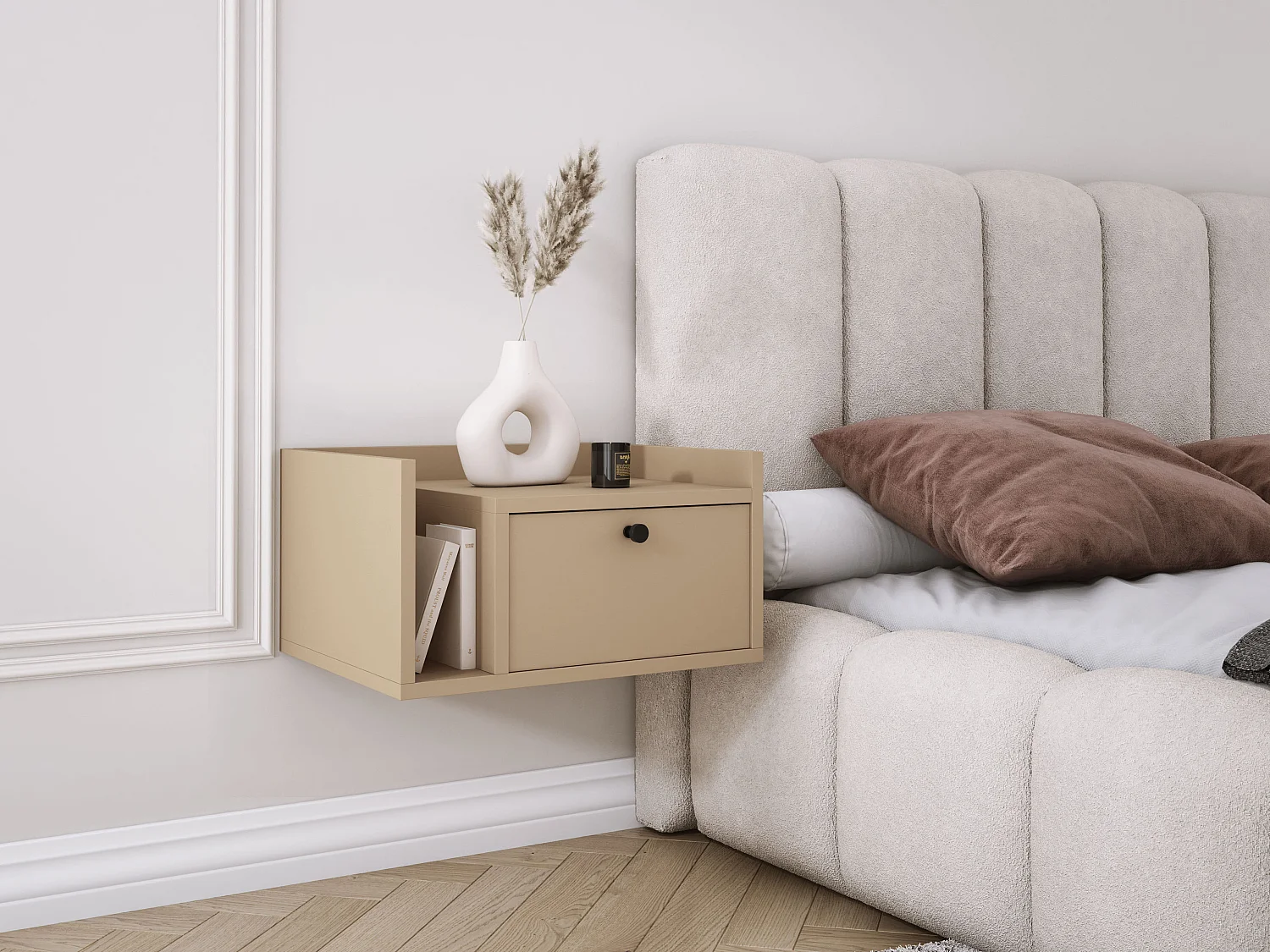 Table de chevet avec tiroir et poignée dorée, Cappuccino, 50 x 35 x 27 cm, côté droit