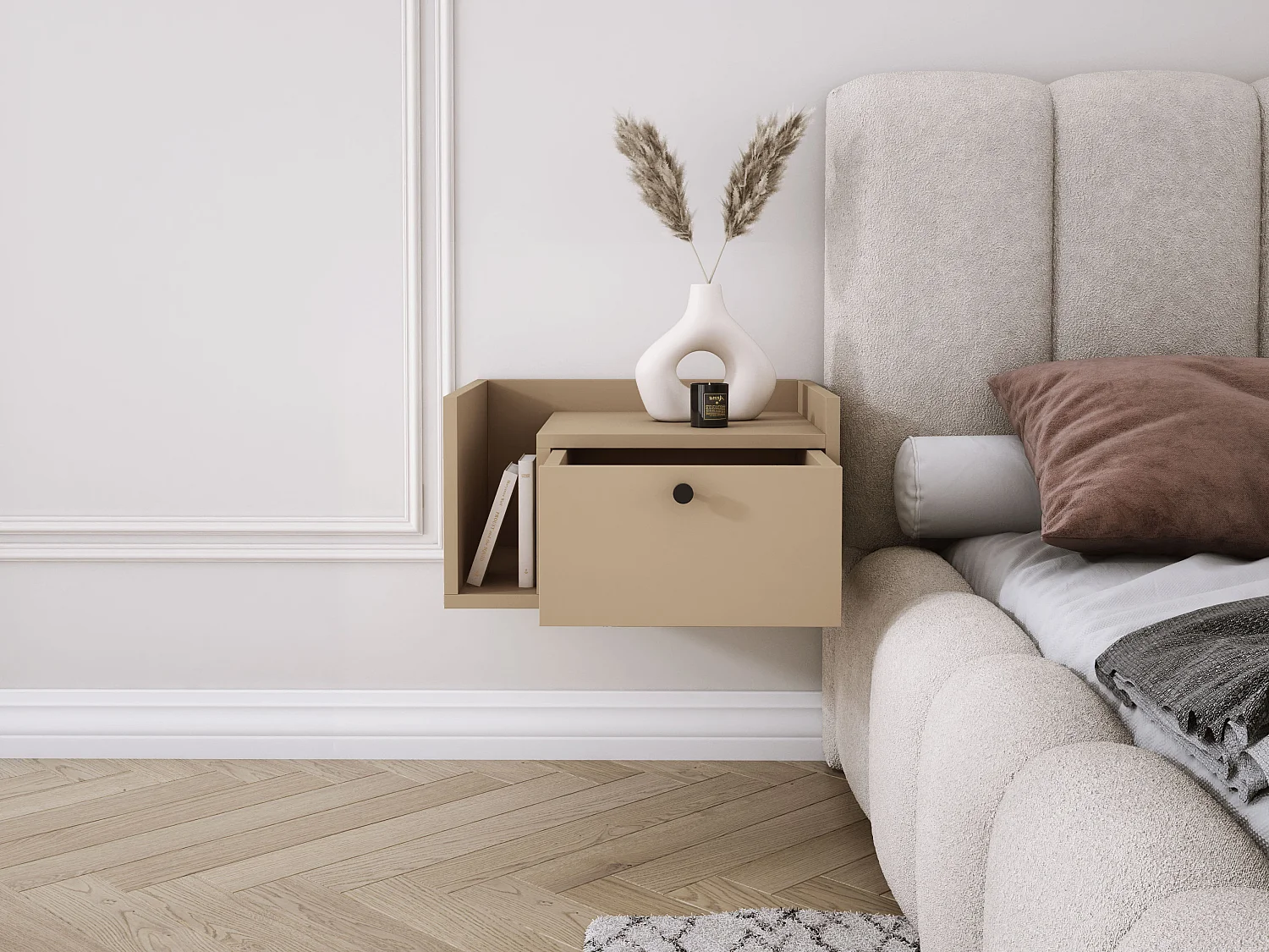 Table de chevet avec tiroir et poignée dorée, Cappuccino, 50 x 35 x 27 cm, côté droit