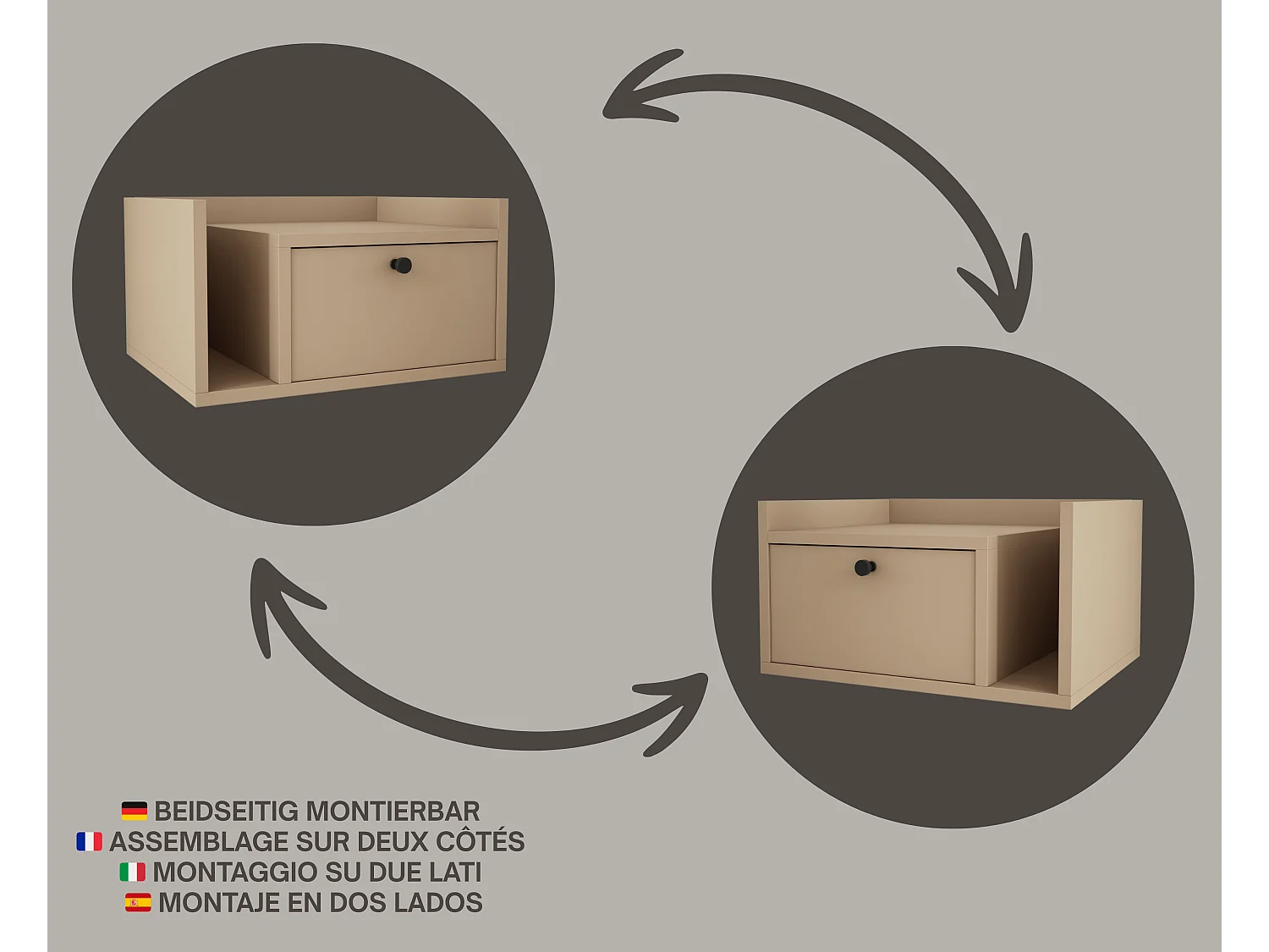 Table de chevet avec tiroir et poignée dorée, Cappuccino, 50 x 35 x 27 cm, côté droit