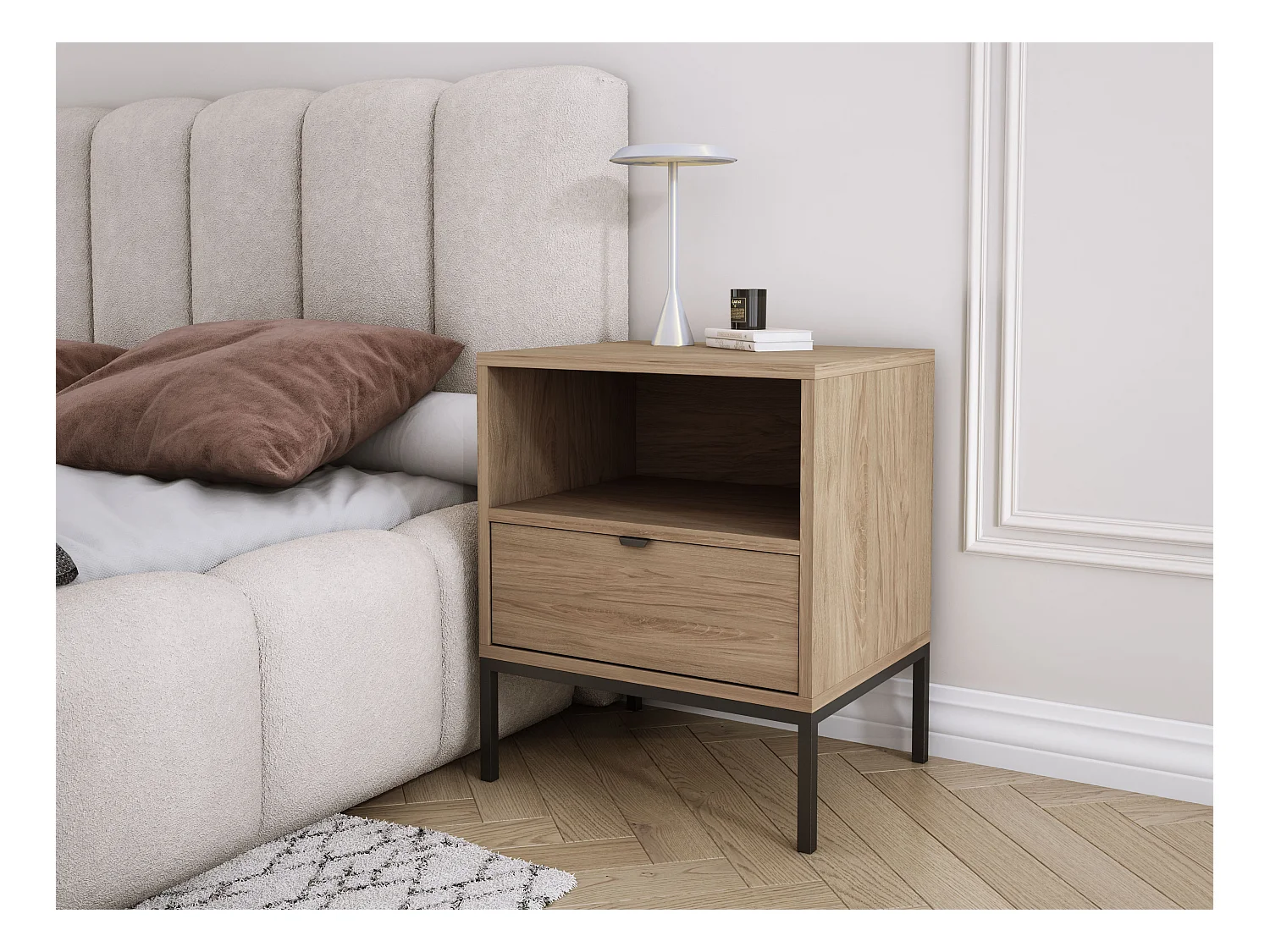 Table de chevet avec tiroir et cadre, poignée dorée, Noyer foncé Rockford, 50 x 40 x 58 cm