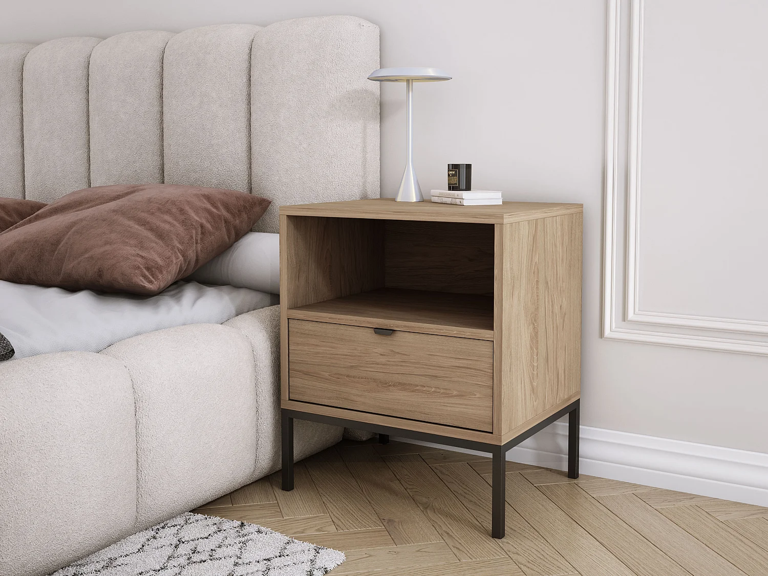 Table de chevet avec tiroir et cadre, poignée dorée, Noyer foncé Rockford, 50 x 40 x 58 cm