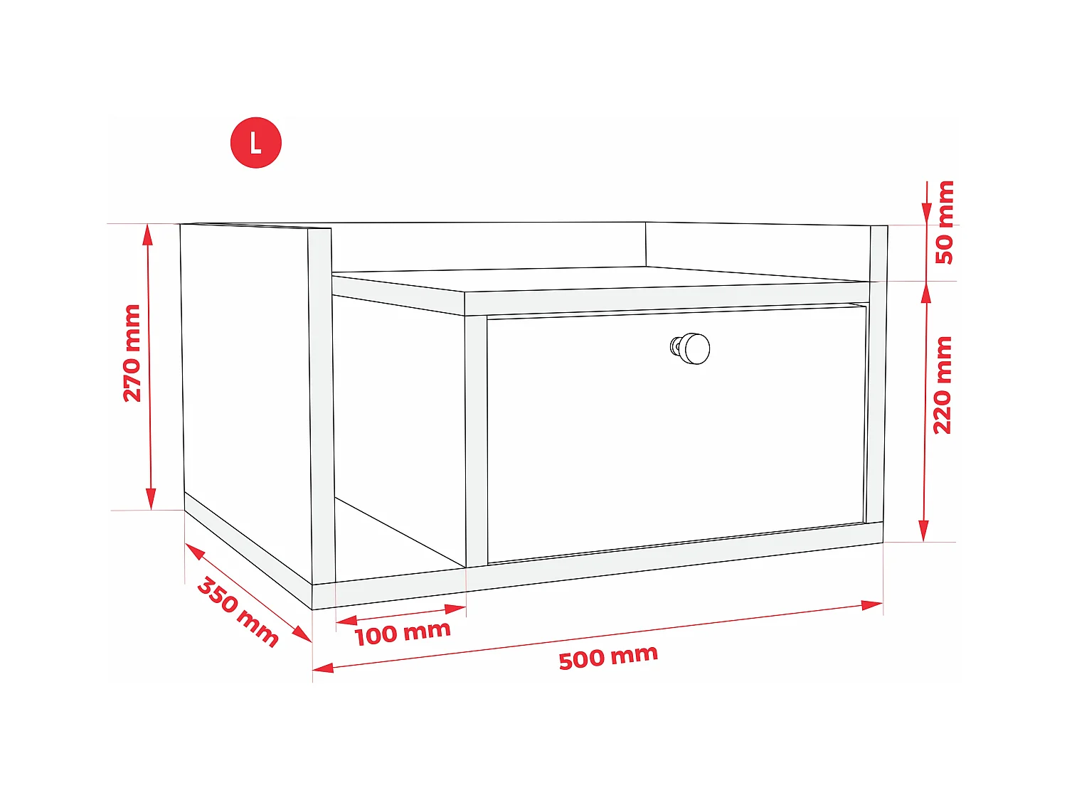 Table de chevet avec tiroir et poignée dorée, Chêne Cremona, 50 x 35 x 27 cm, côté droit