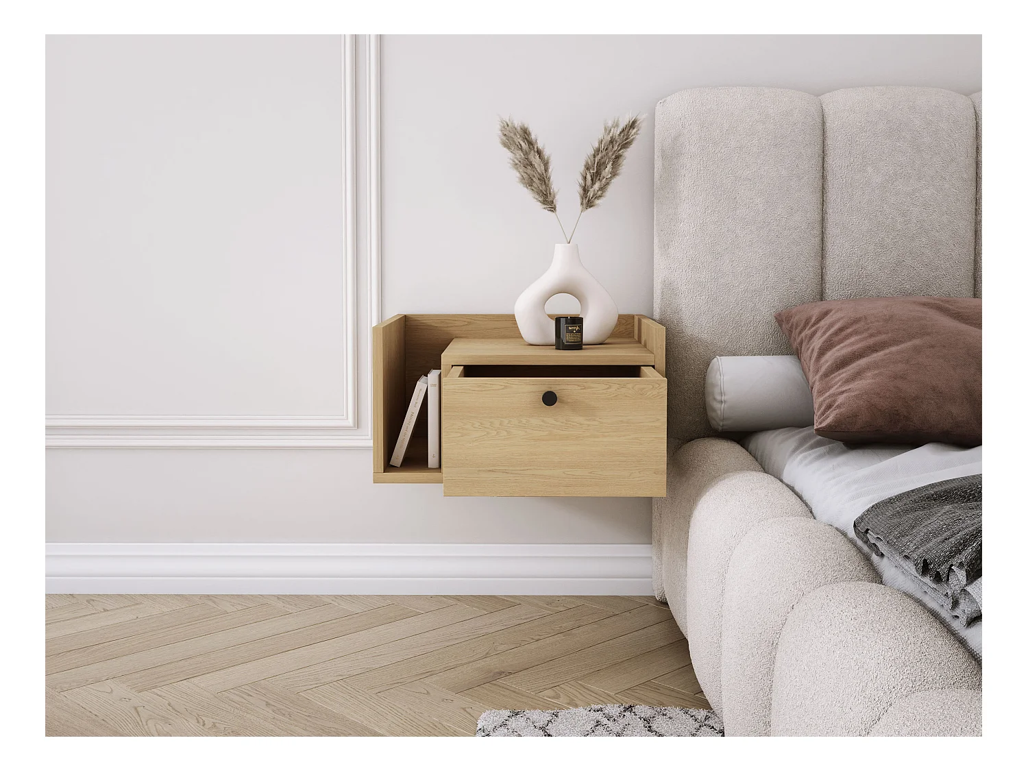 Table de chevet avec tiroir et poignée dorée, Chêne Cremona, 50 x 35 x 27 cm, côté droit