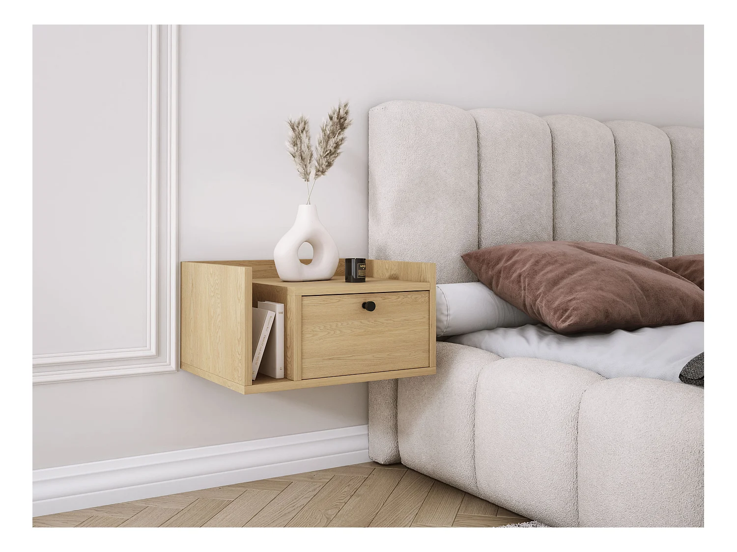 Table de chevet avec tiroir et poignée dorée, Chêne Cremona, 50 x 35 x 27 cm, côté droit