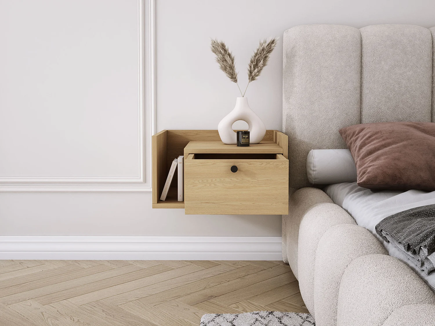 Table de chevet avec tiroir et poignée dorée, Chêne Cremona, 50 x 35 x 27 cm, côté droit