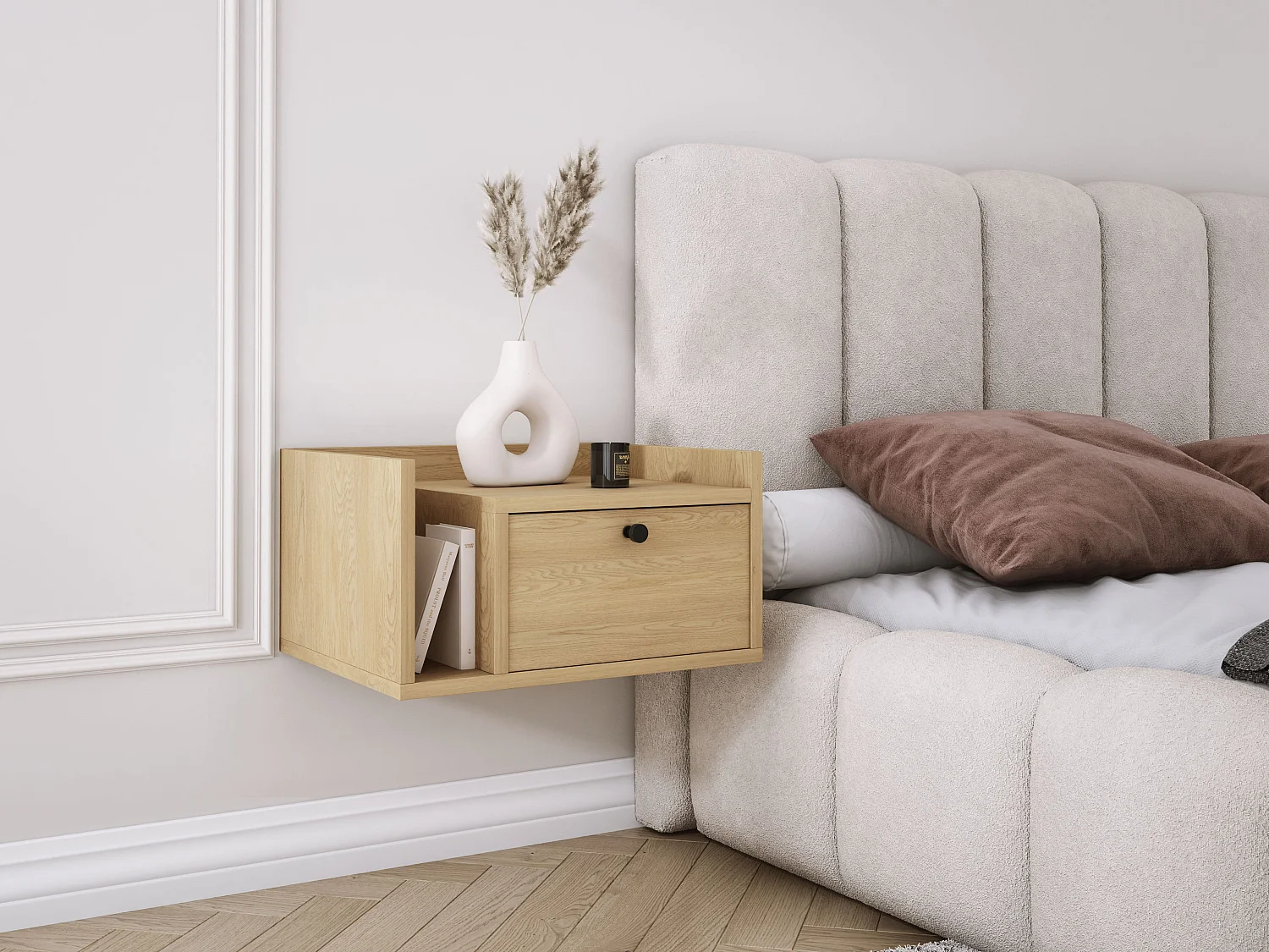 Table de chevet avec tiroir et poignée dorée, Chêne Cremona, 50 x 35 x 27 cm, côté droit