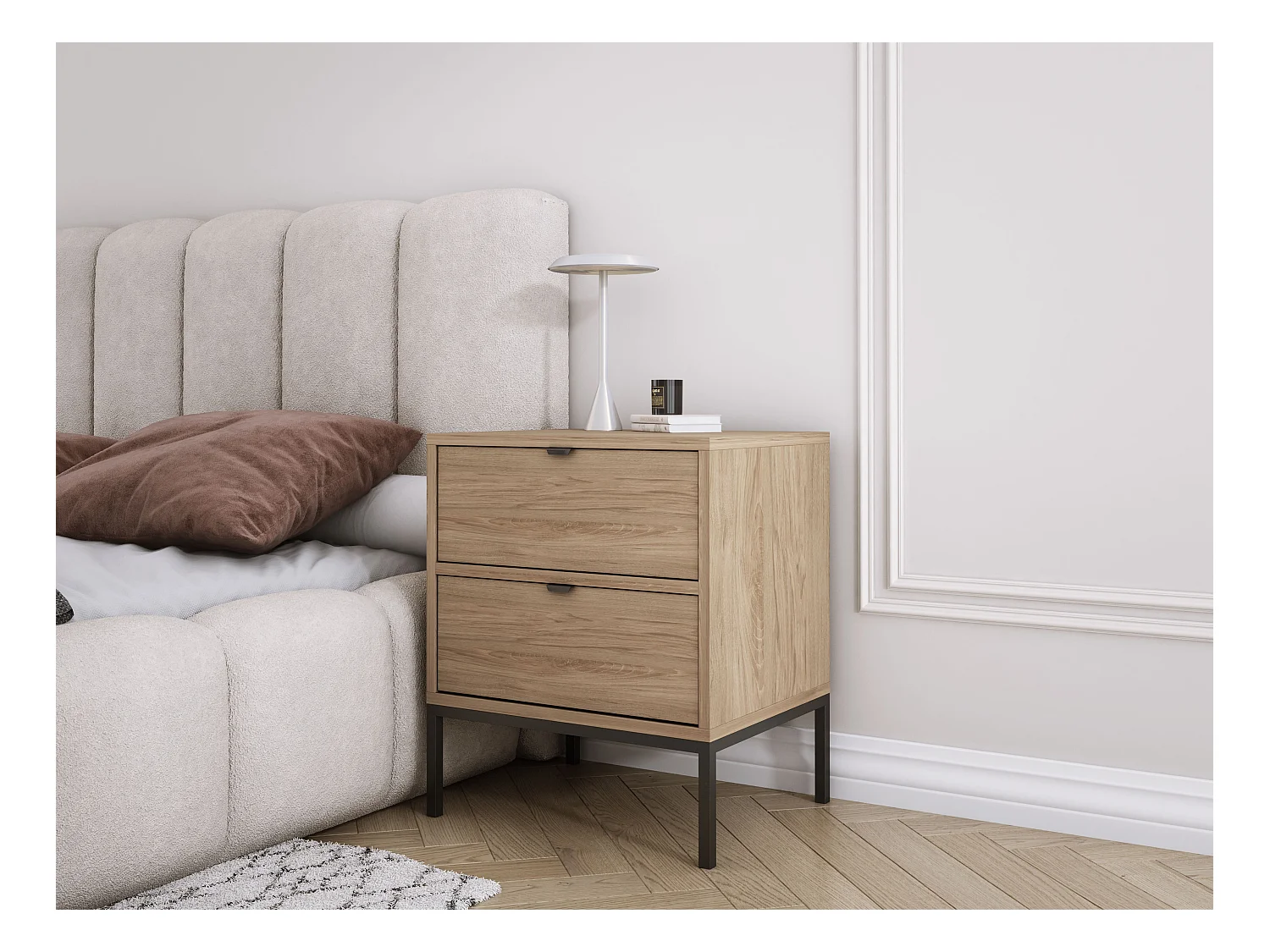 Nachttisch mit zwei Schubladen und Rahmen, goldener Griff, Rockford dunkler Nussbaum, 50 x 40 x 58 cm